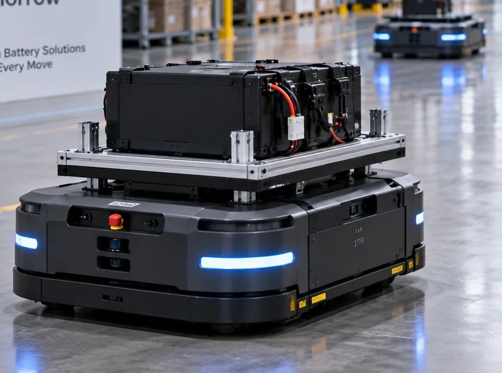 Concept mobile robot carrying an integrated battery system in a warehouse