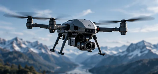 Concept camera-equipped UAV above a mountain landscape