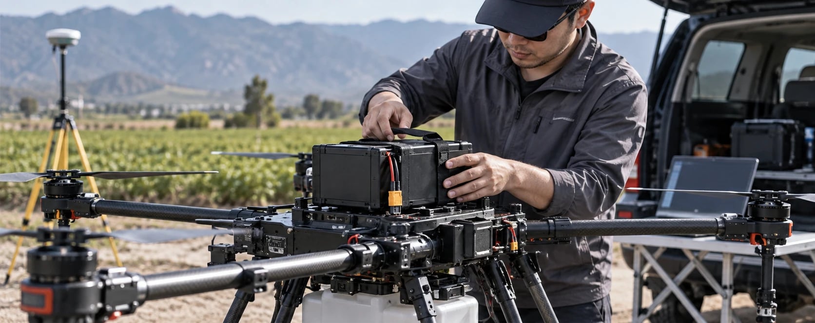 Concept of a battery pack being fitted to an industrial multirotor aircraft outdoors