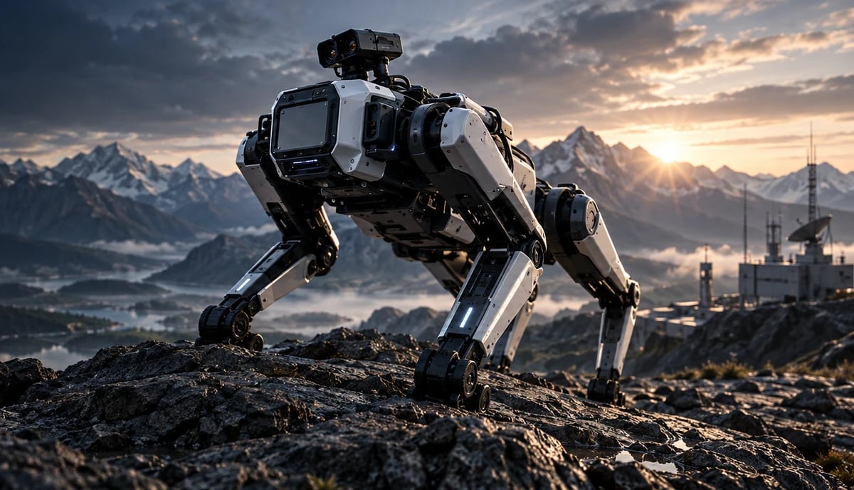 Concept camera-equipped legged inspection platform on rocky terrain